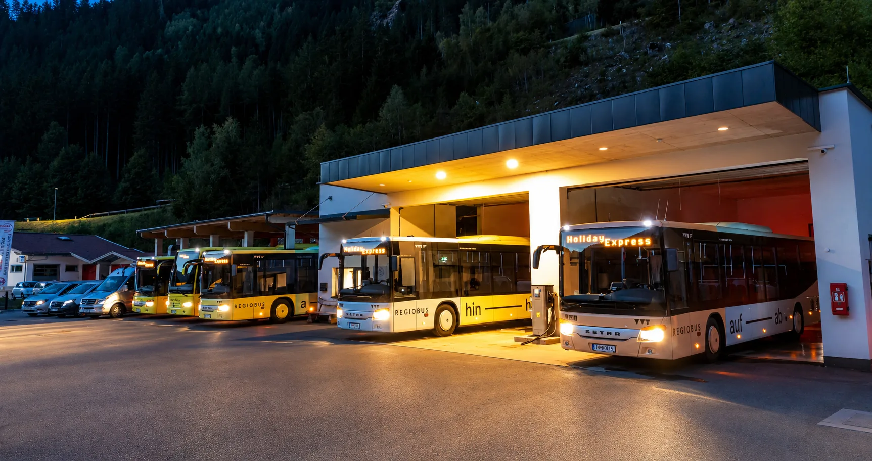 Holiday Express Bus vor Bergkulisse im Pitztal